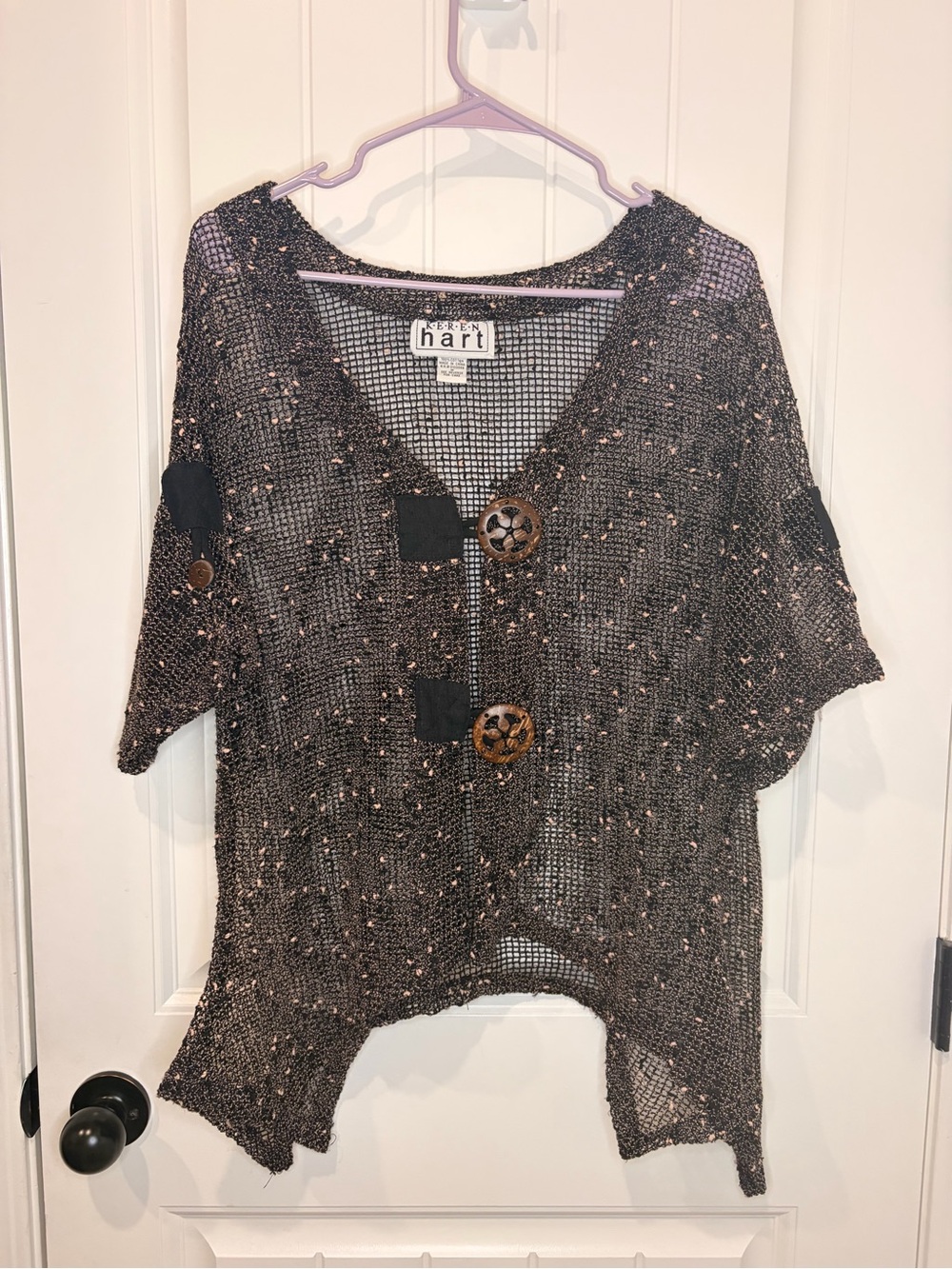 KEREN hart Metallic Charcoal Open-Weave Button Cardigan